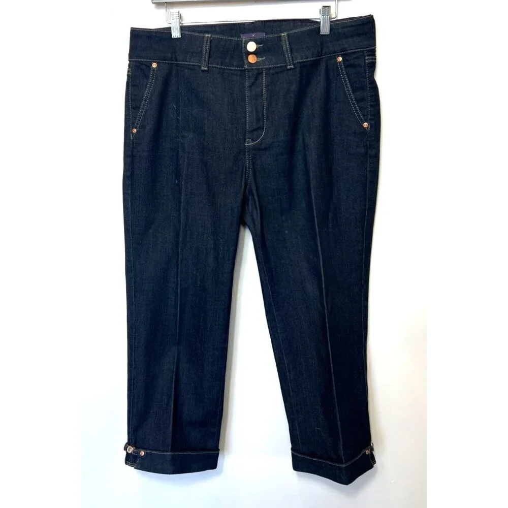 NYDJ Womens Dark Wash Denim Cropped Jeans Rhinestone Detail Cuff Size 14 M10J62T
